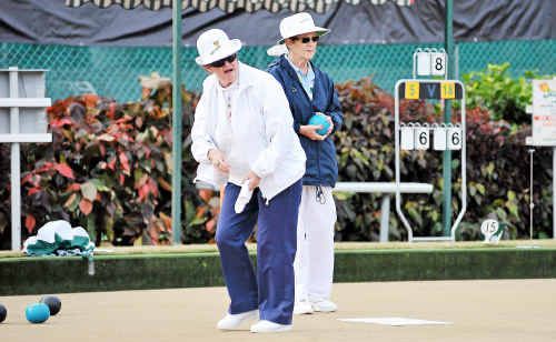 West Coffs bowler June Boulton watches her bowl as Jeanice Schiemer from Park Beach looks on at the Pot Luck Triples yesterday. West Coffs bowler June Boulton watches her bowl as Jeanice Schiemer from Park Beach looks on at the Pot Luck Triples yesterday.